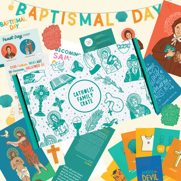 January Crate 2023: St. Elizabeth Ann Seton, Feast of the Baptism of the Lord and Dodge the Devil: Baptism Edition Card Game