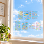 The seven prayer window clings arranged on a bright home window