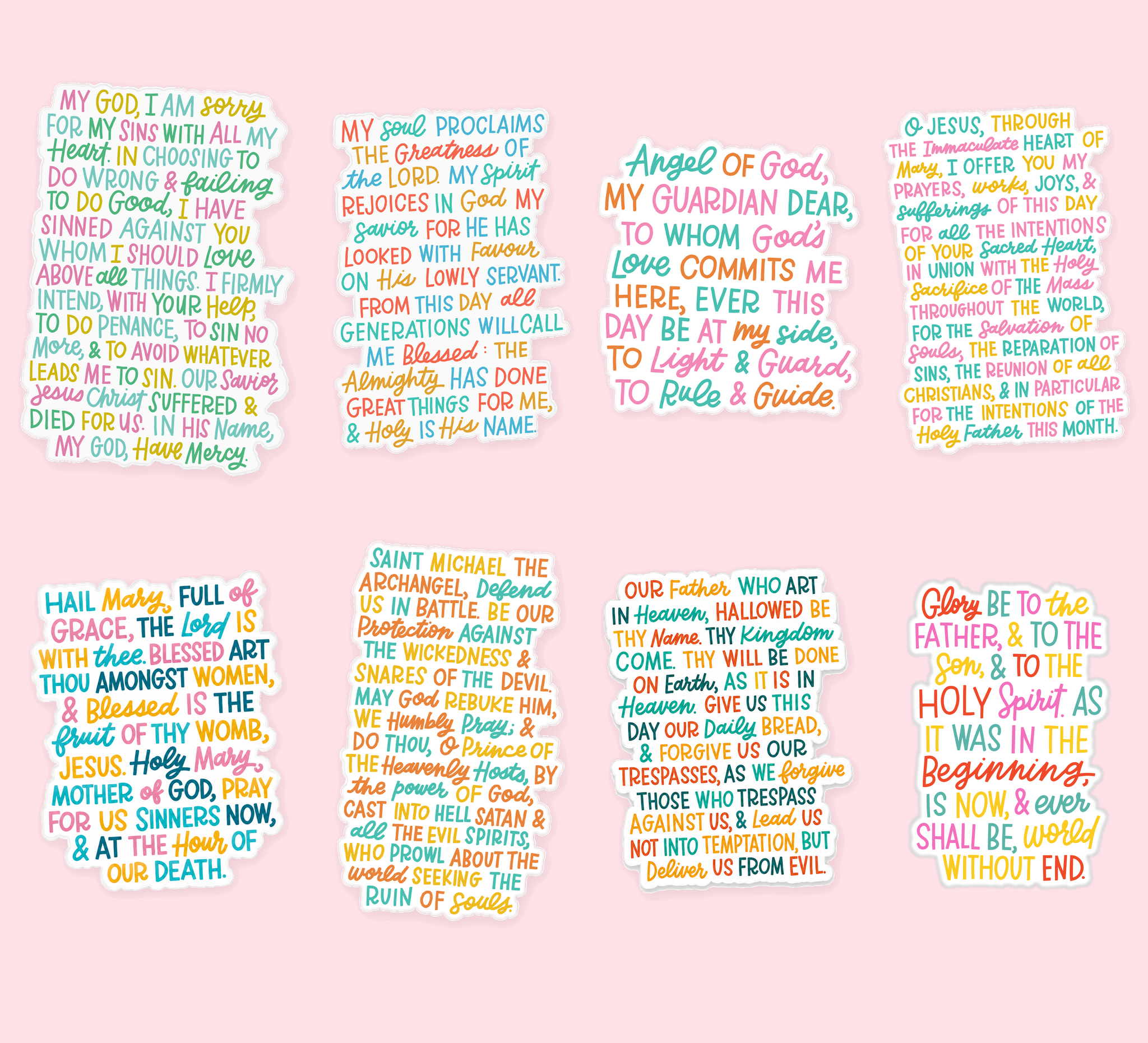 All eight Catholic prayer window clings shown together on a pink background