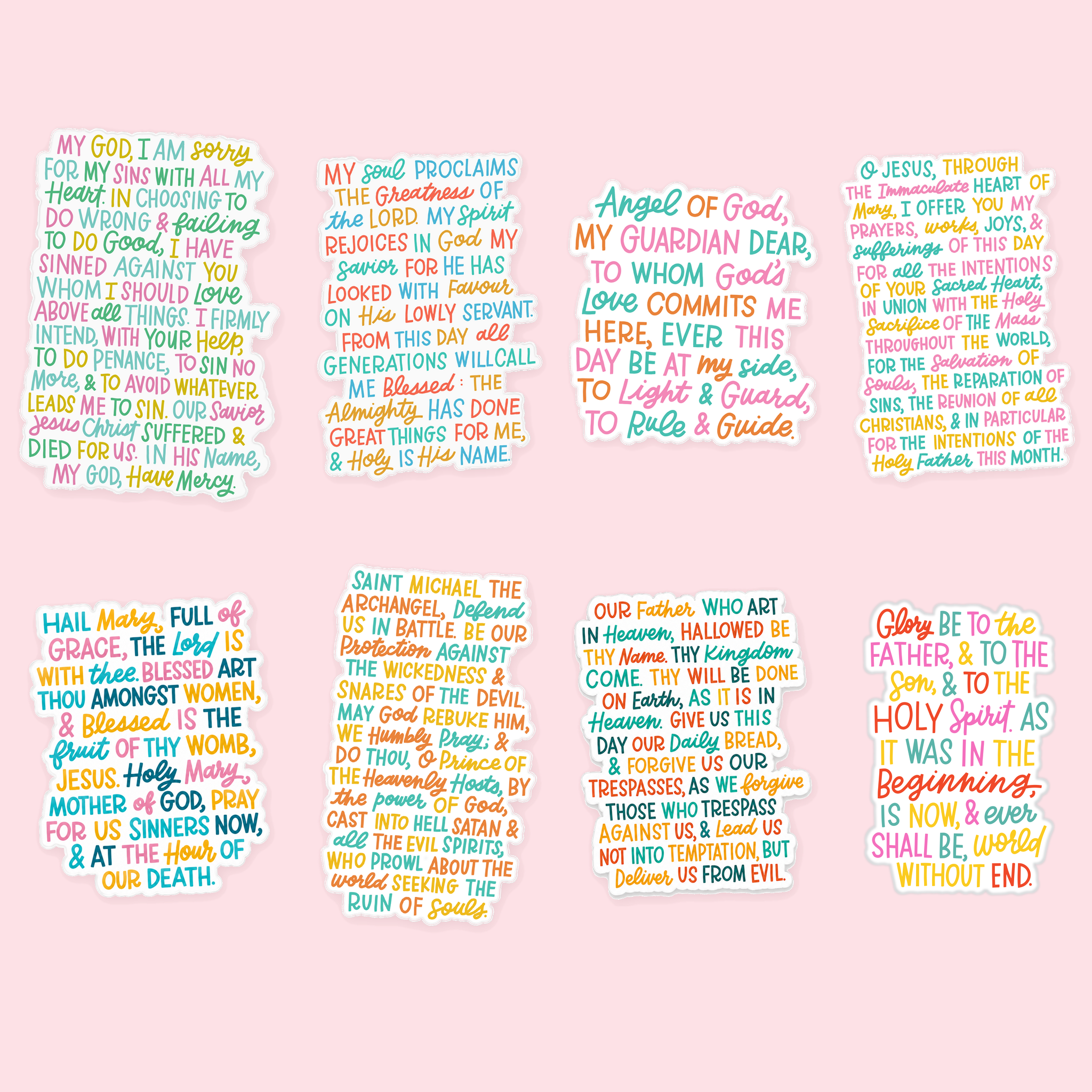 All eight Catholic prayer window clings shown together on a pink background