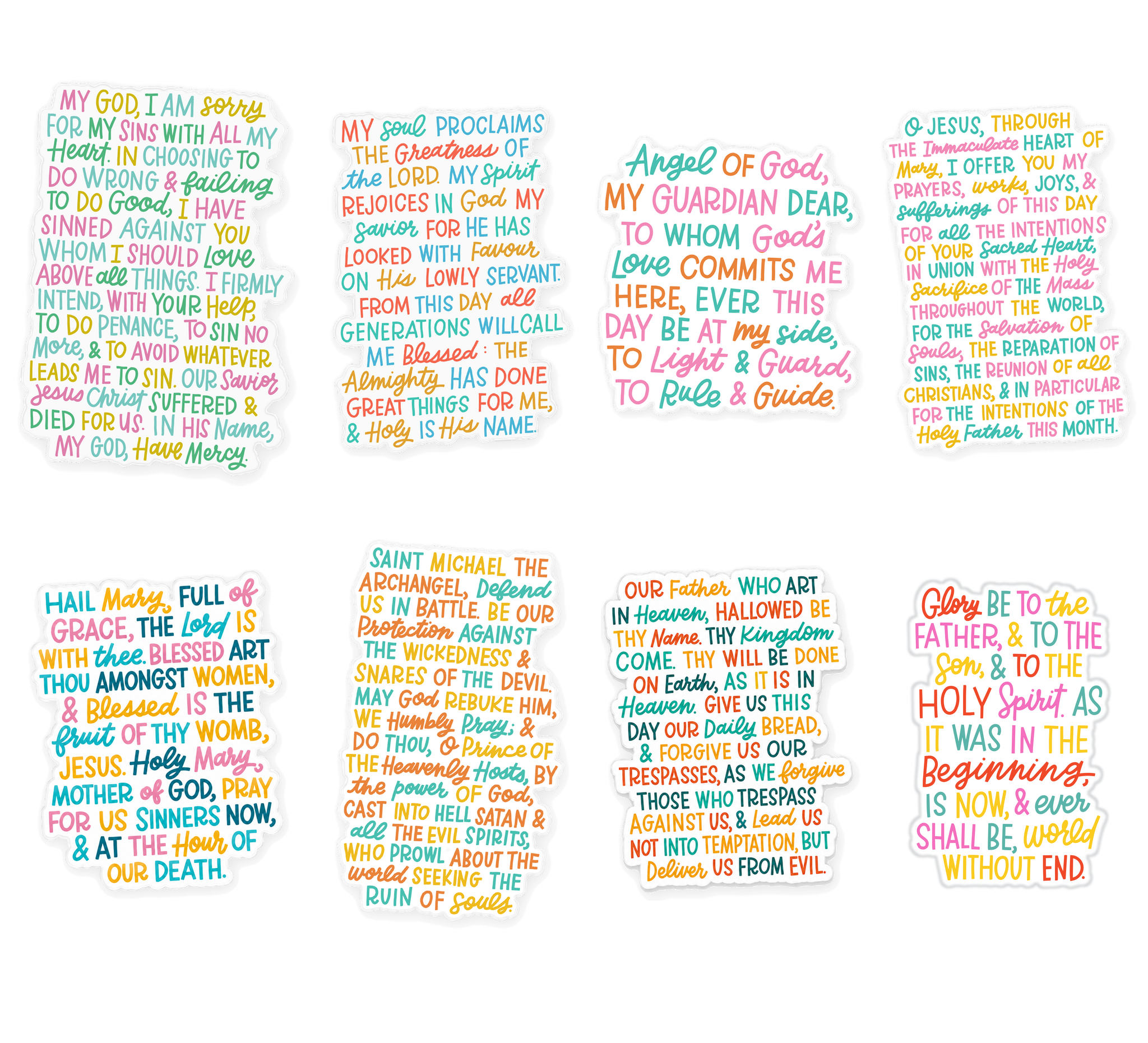 All eight Catholic prayer window clings shown together on a white background