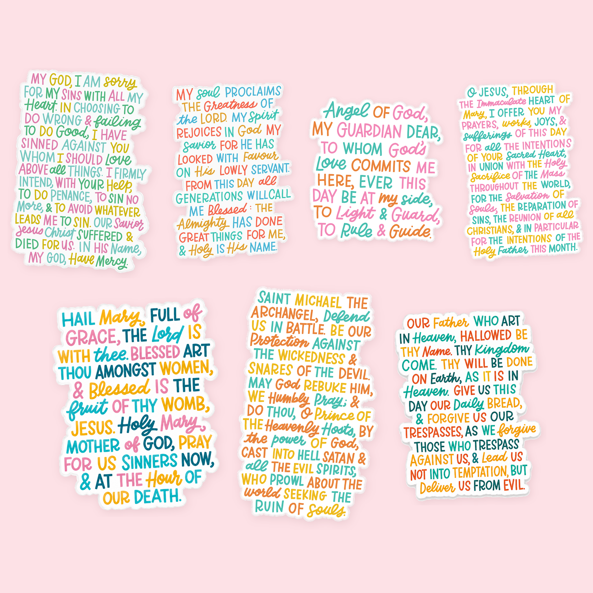 The seven Catholic prayer window clings shown together on a pink background