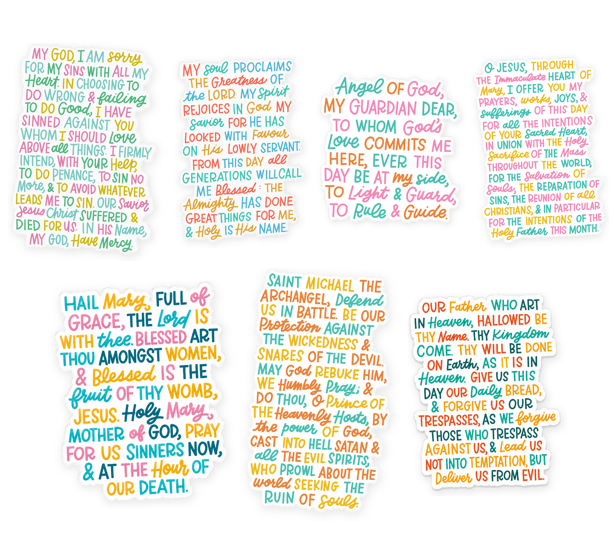 All seven Catholic prayer window clings shown together on a white background