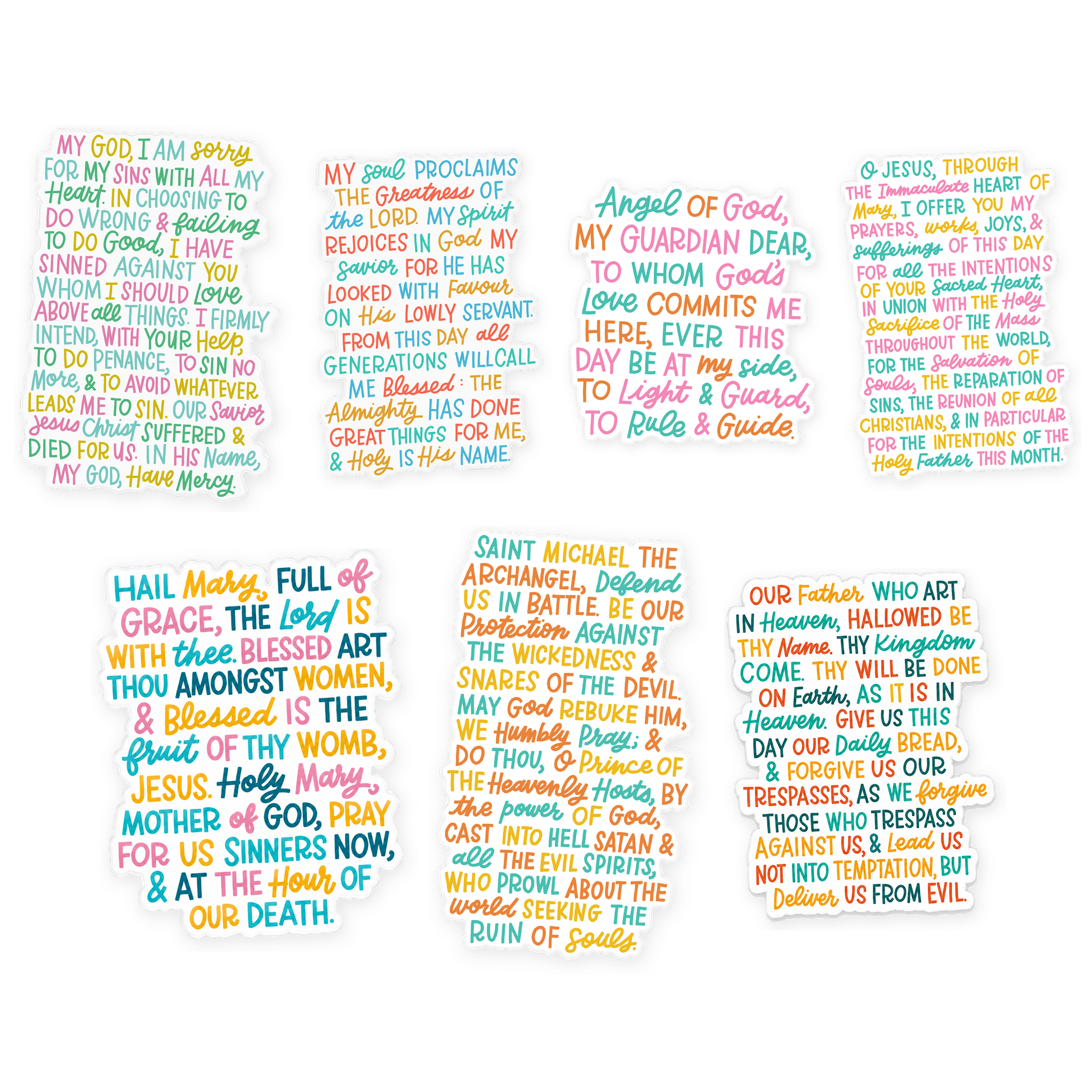 All seven Catholic prayer window clings shown together on a white background