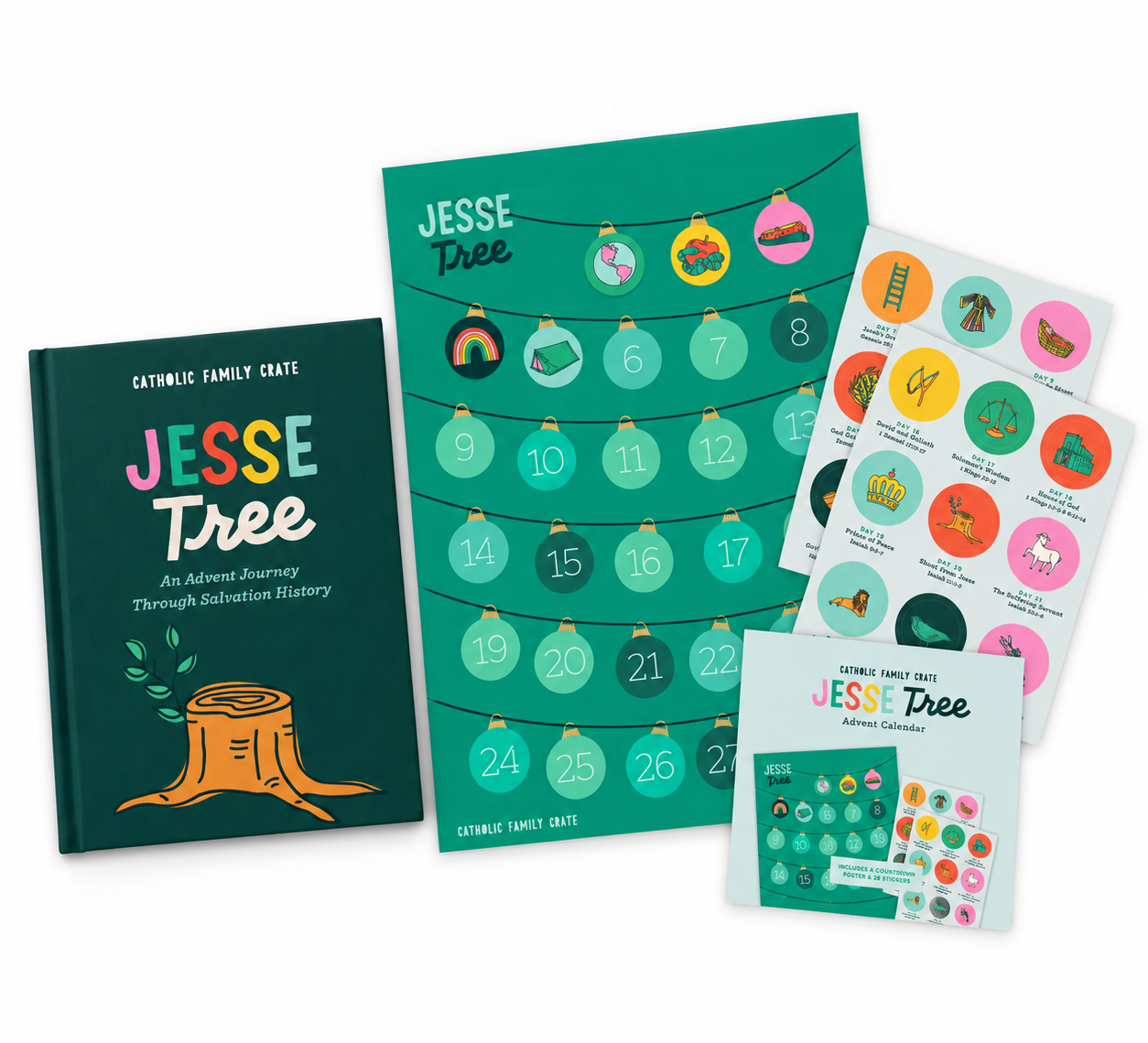 Jesse Tree Book + Sticker Calendar Bundle: Jesse Tree Book with the Jesse Tree poster and sticker sheets