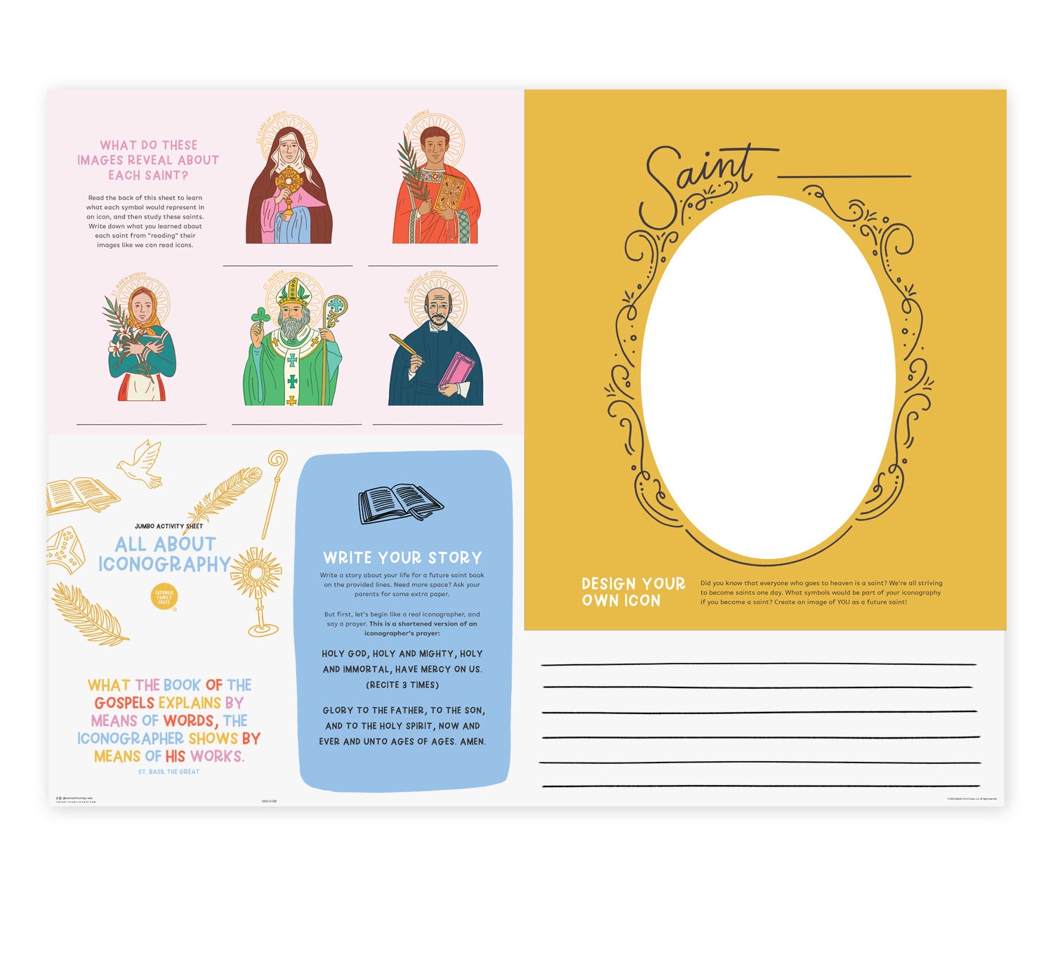 Catholic kids' activity sheet on iconography, with illustrated saints, a prayer, and a template for designing your own saint icon.
