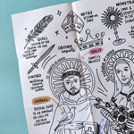 Coloring sheet close-up of St. Francis of Assisi with a bird, labeled with iconography symbols like quill, sword, crown, halo, mitre, and monstrance
