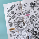 Coloring sheet close-up of St. Francis of Assisi with a bird, labeled with iconography symbols like quill, sword, crown, halo, mitre, and monstrance