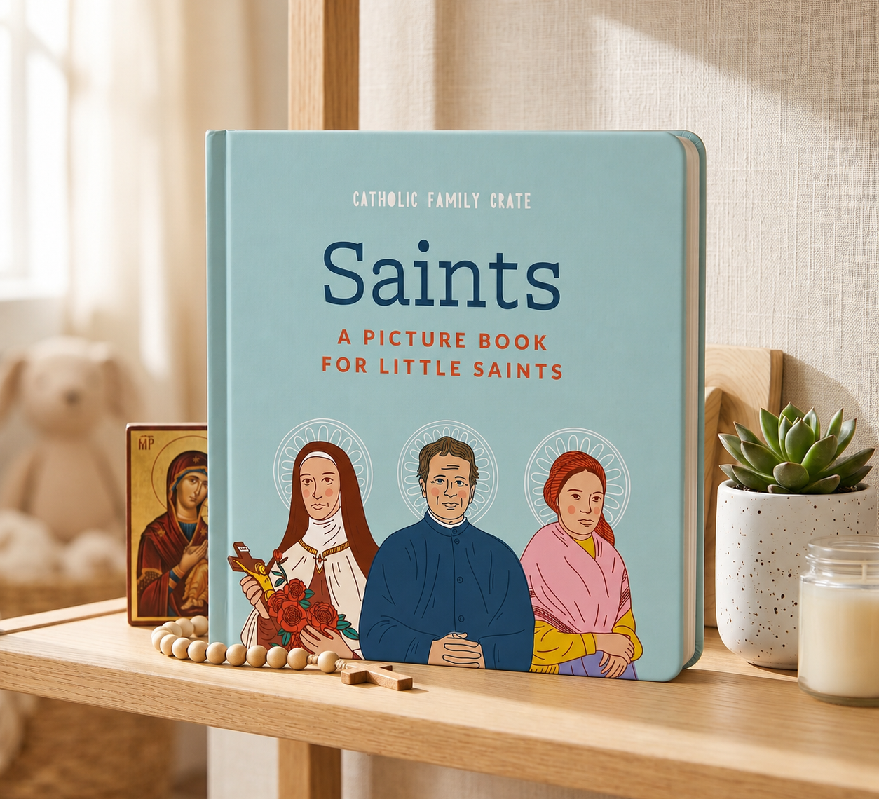 Saints Board Book standing on a shelf with an icon, rosary and candle