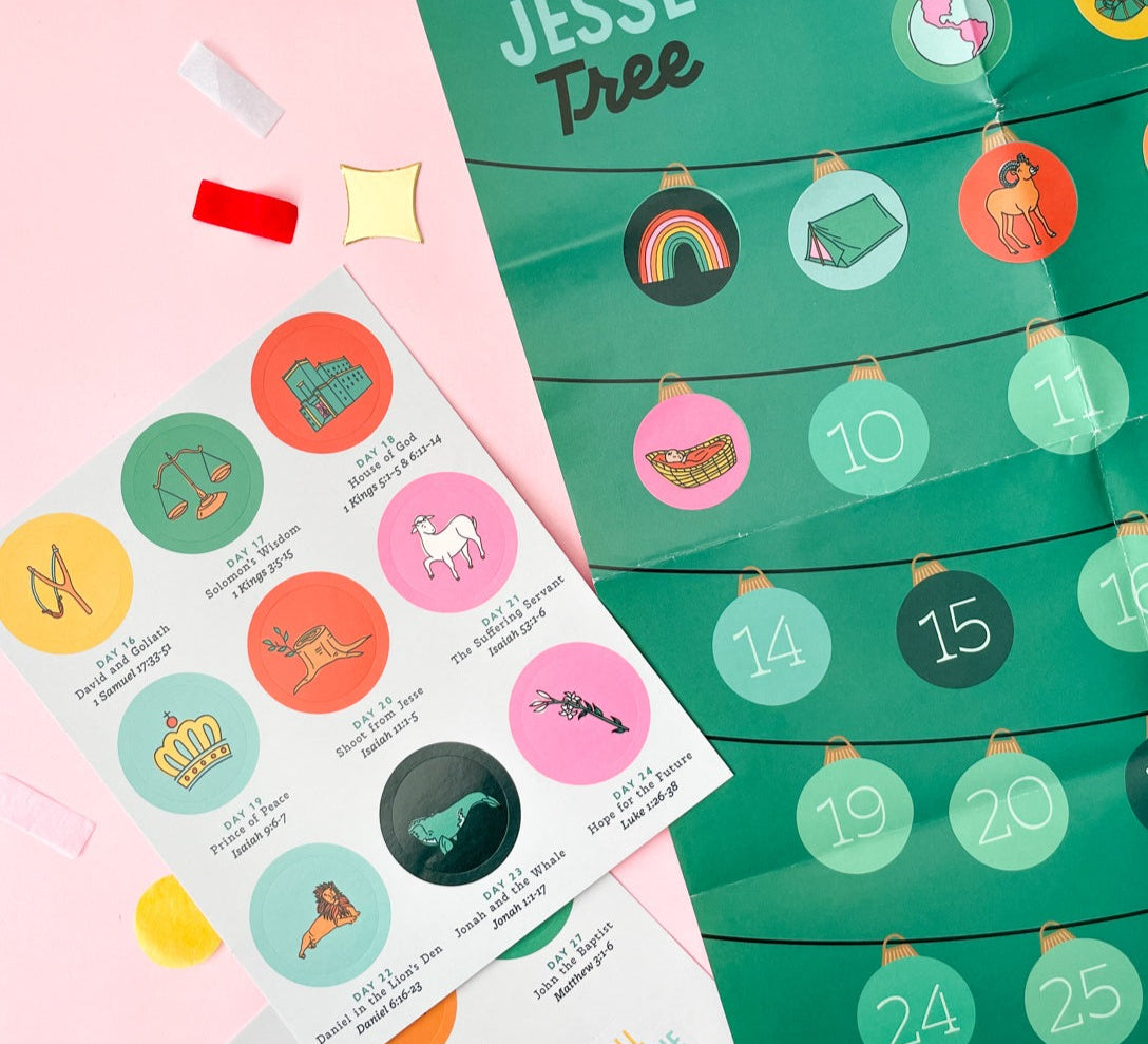 Jesse Tree Advent Sticker Calendar poster with sheets of colorful day stickers