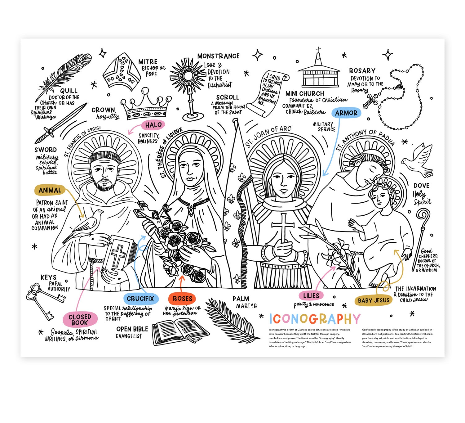 A jumbo activity sheet with various Christian iconography and symbols outlined for coloring and learning activities.