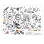 A jumbo activity sheet with various Christian iconography and symbols outlined for coloring and learning activities.