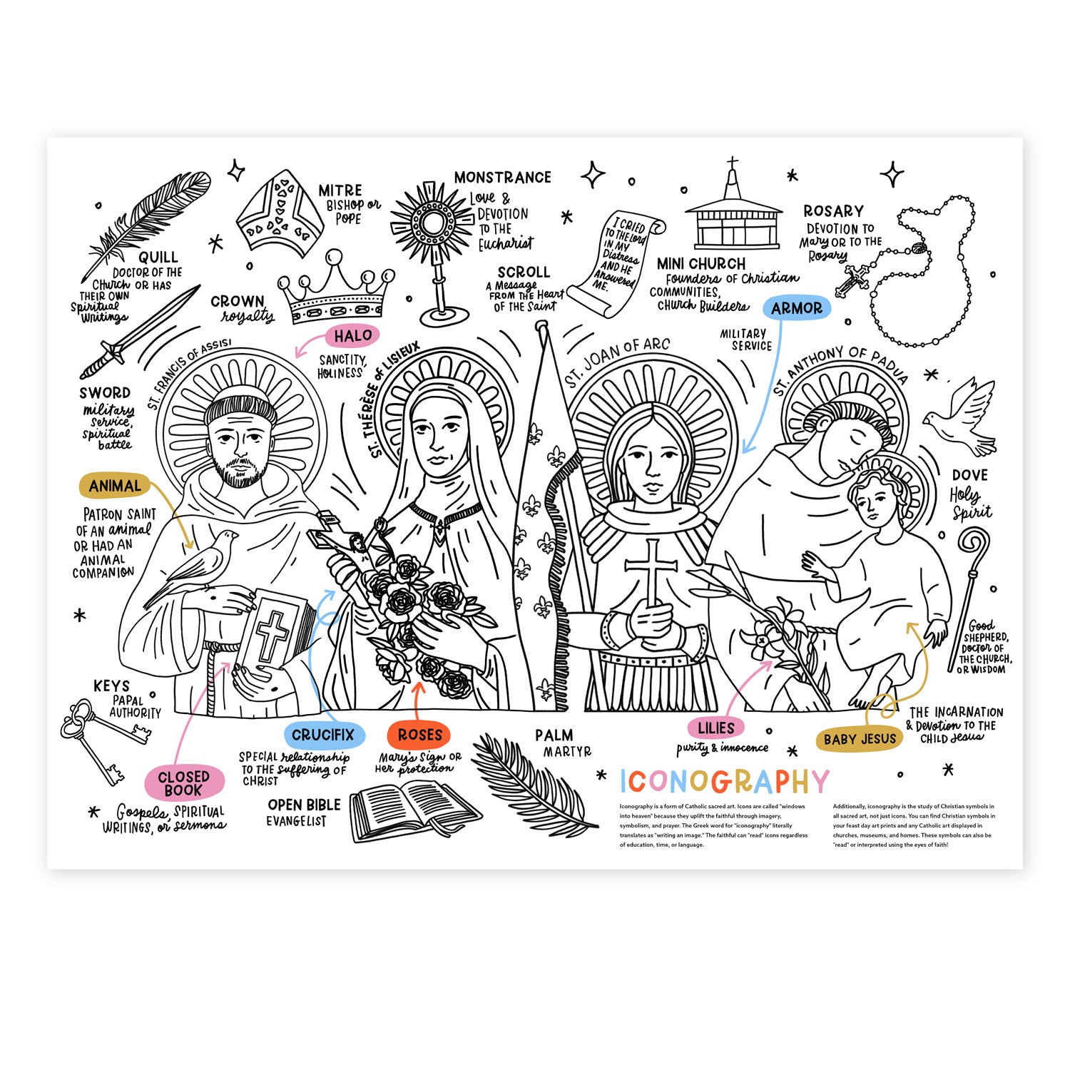A jumbo activity sheet with various Christian iconography and symbols outlined for coloring and learning activities.