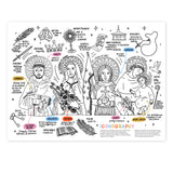A jumbo activity sheet with various Christian iconography and symbols outlined for coloring and learning activities.