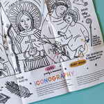 Folded black-and-white coloring sheet showing St. Joan of Arc and St. Anthony of Padua with Baby Jesus, labeled with symbols (armor, lilies, dove, palm) and a short explanation of Catholic iconography.