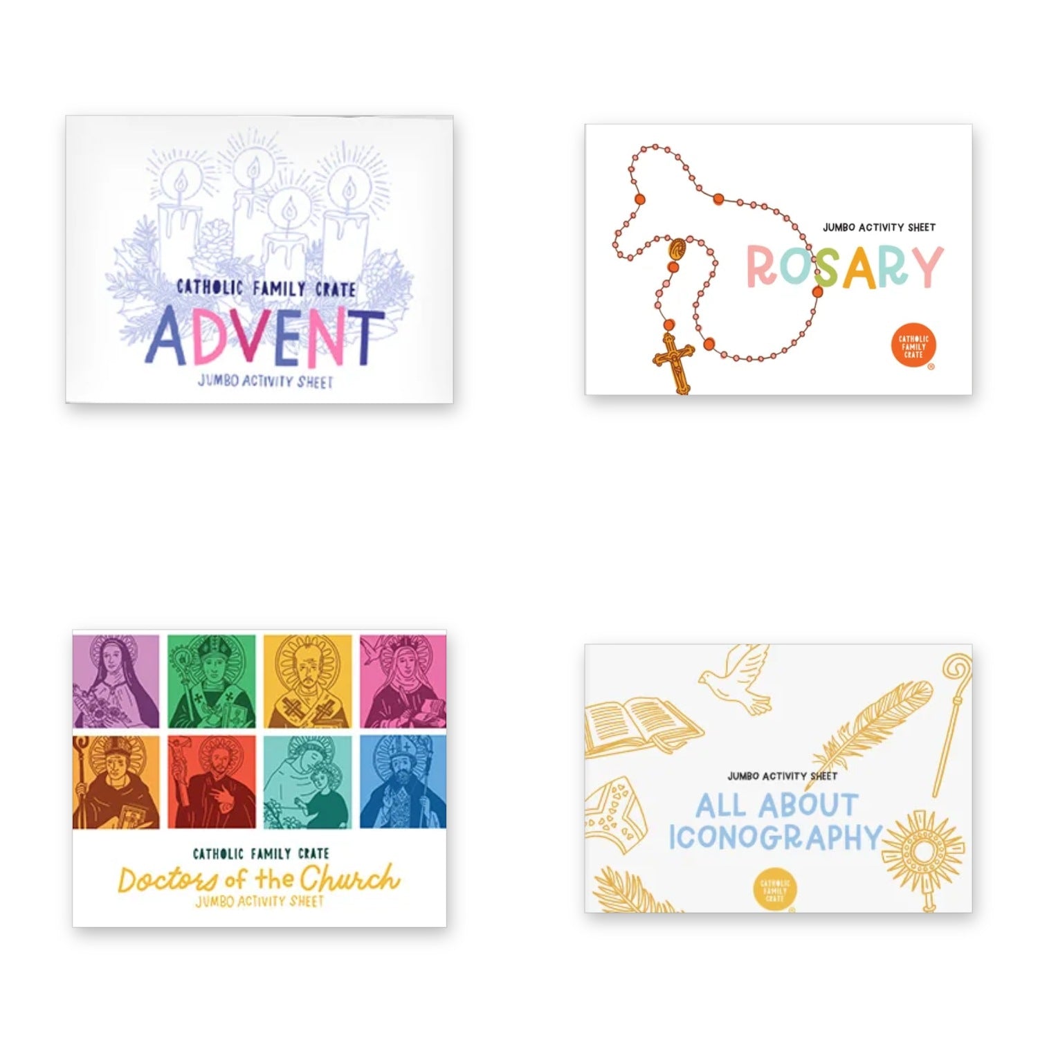 Jumbo Activity Sheets Bundle: one each of the Advent, Rosary, Doctors of the Church and All About Iconography jumbo activity sheets