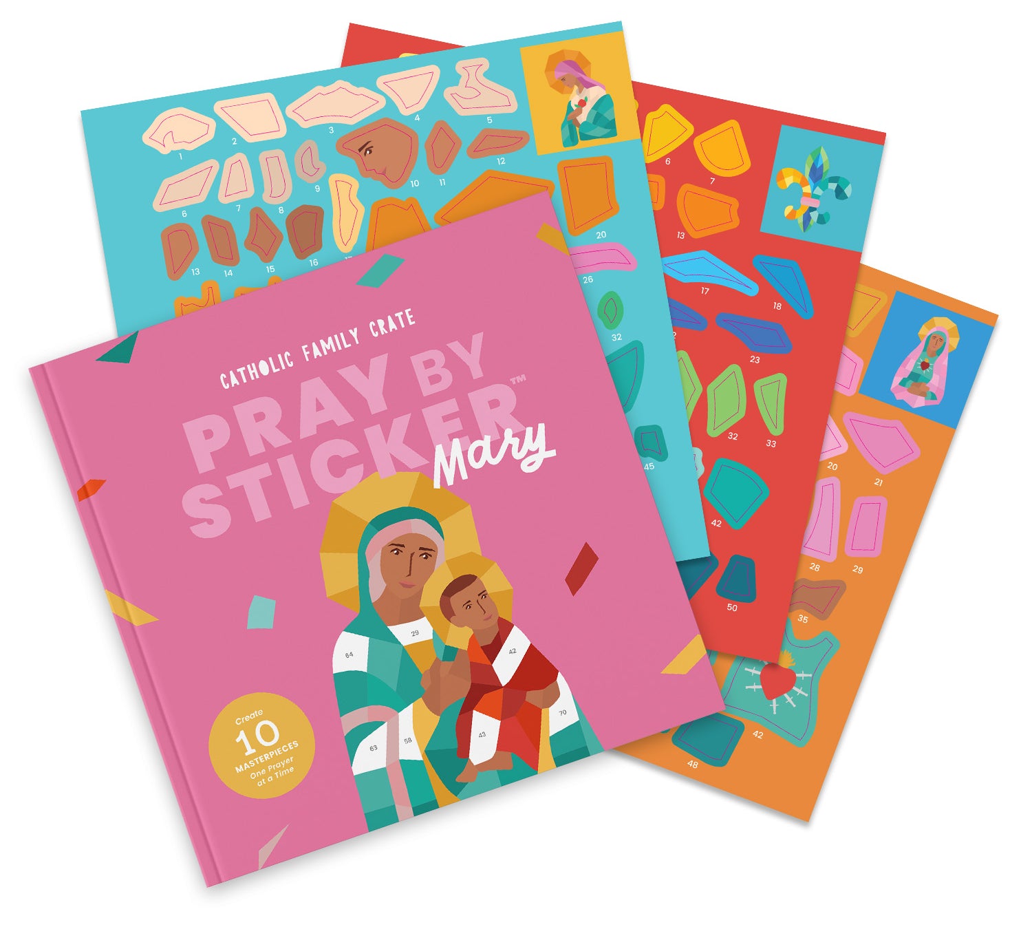 Four colorful sticker activity book covers fanned out on a white background. The front cover is pink and reads 'Catholic Family Crate Pray By Sticker Mary,' with illustrated Mary and baby Jesus.