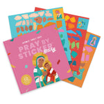 Four colorful sticker activity book covers fanned out on a white background. The front cover is pink and reads 'Catholic Family Crate Pray By Sticker Mary,' with illustrated Mary and baby Jesus.