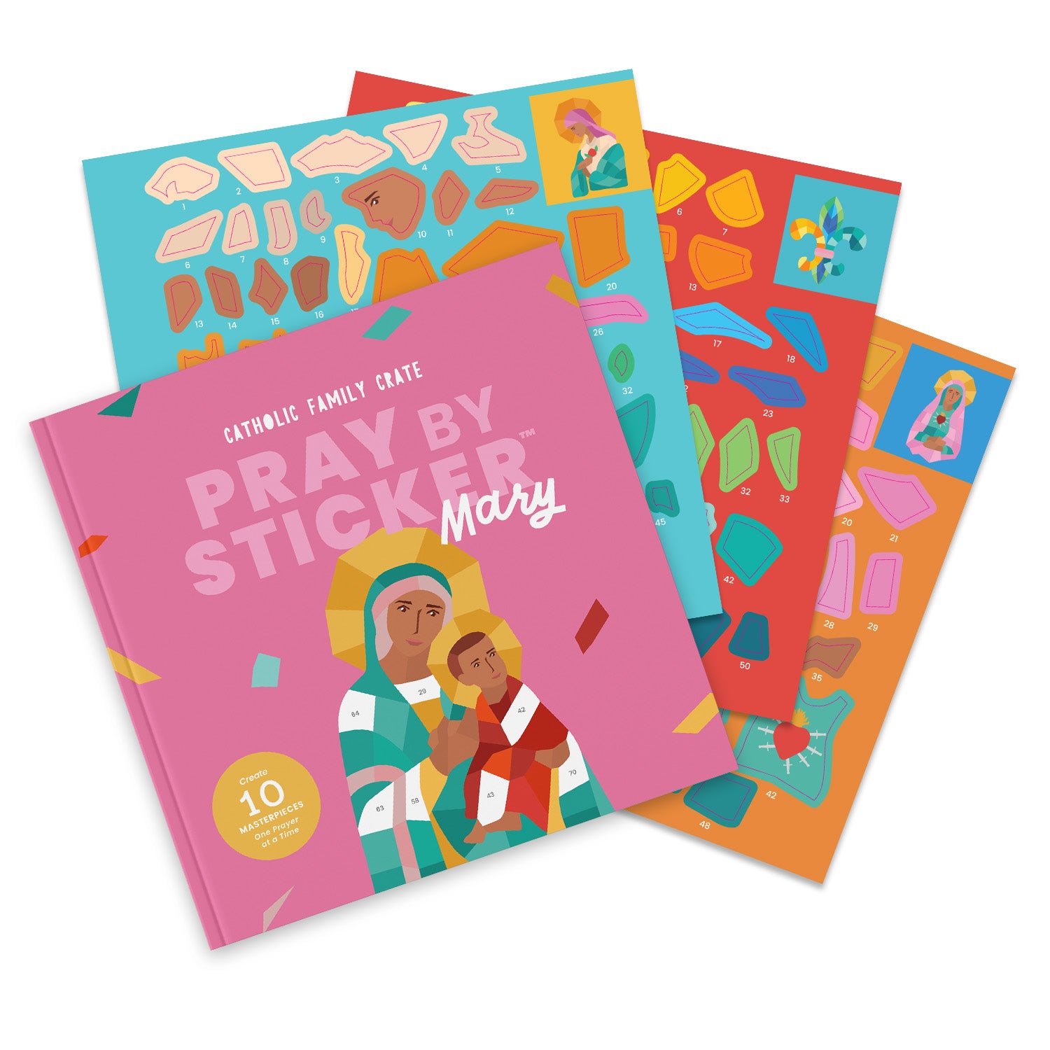 Four colorful sticker activity book covers fanned out on a white background. The front cover is pink and reads 'Catholic Family Crate Pray By Sticker Mary,' with illustrated Mary and baby Jesus.