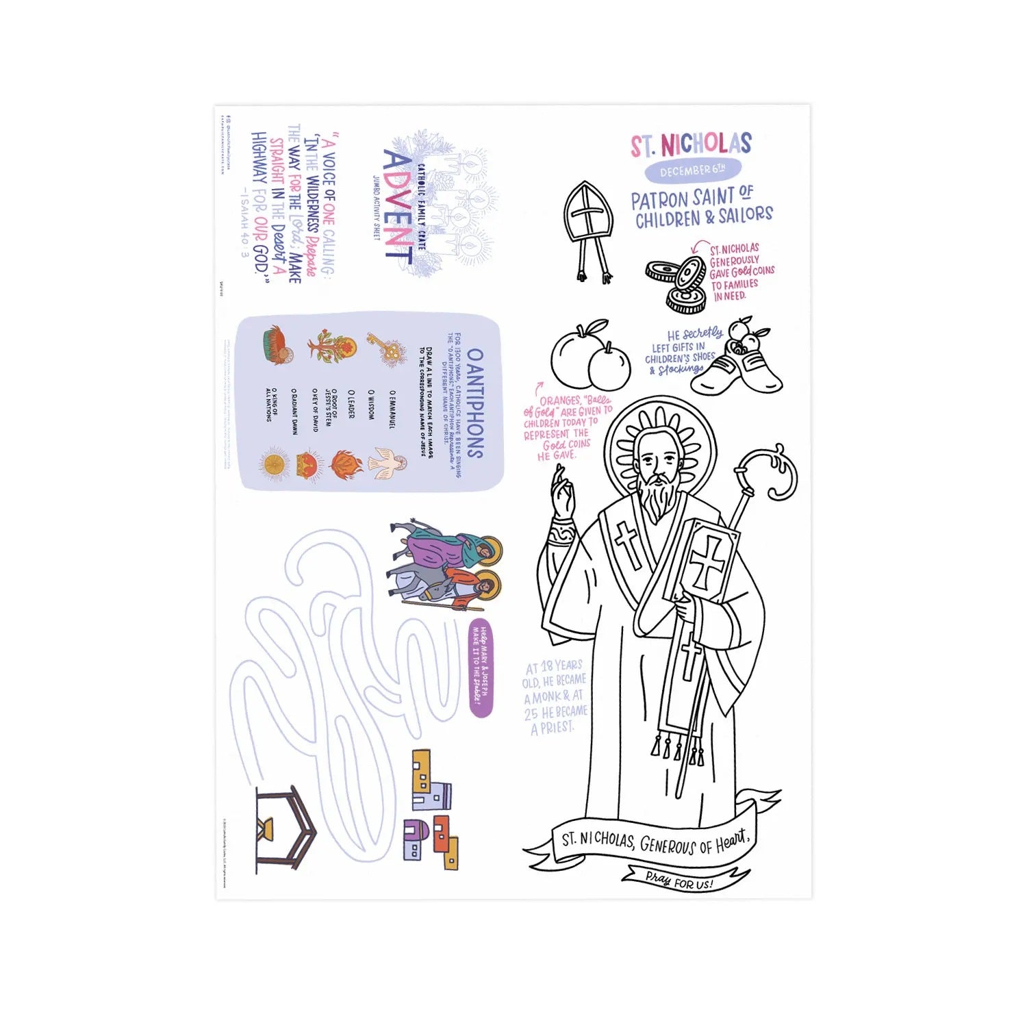 Back of the Advent Jumbo Activity Sheet with the O Antiphons, a Nativity maze and St. Nicholas to color