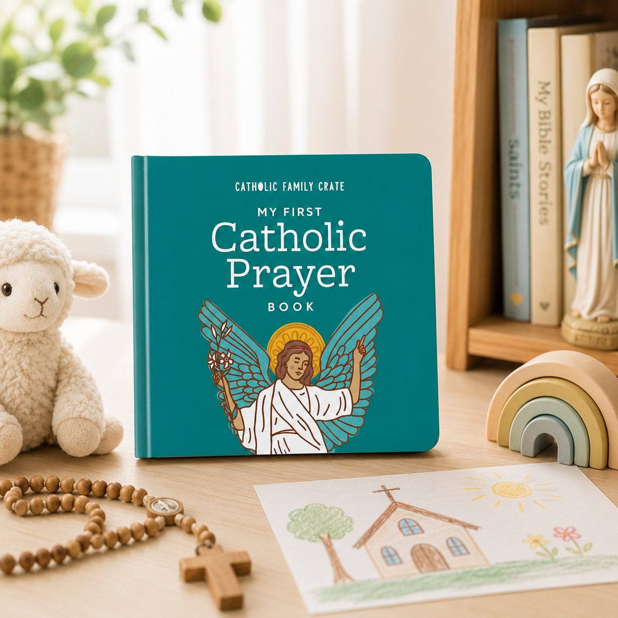 Catholic prayer board book on a shelf with a rosary, lamb plush and Mary statue