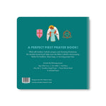 Back cover of My First Catholic Prayer Board Book listing the seven prayers inside