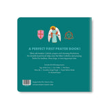Back cover of My First Catholic Prayer Board Book listing the seven prayers inside