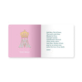 Hail Mary prayer page with a pink Marian monogram illustration