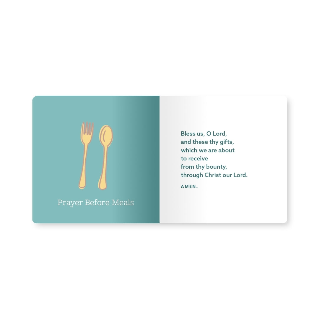 Prayer Before Meals page with a gold fork and spoon illustration