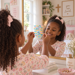 Girl holding the Hail Mary prayer window cling up to her bedroom mirror.