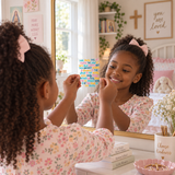 Girl holding the Hail Mary prayer window cling up to her bedroom mirror.