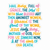 Hail Mary prayer window cling in bright multicolor lettering on a white background.