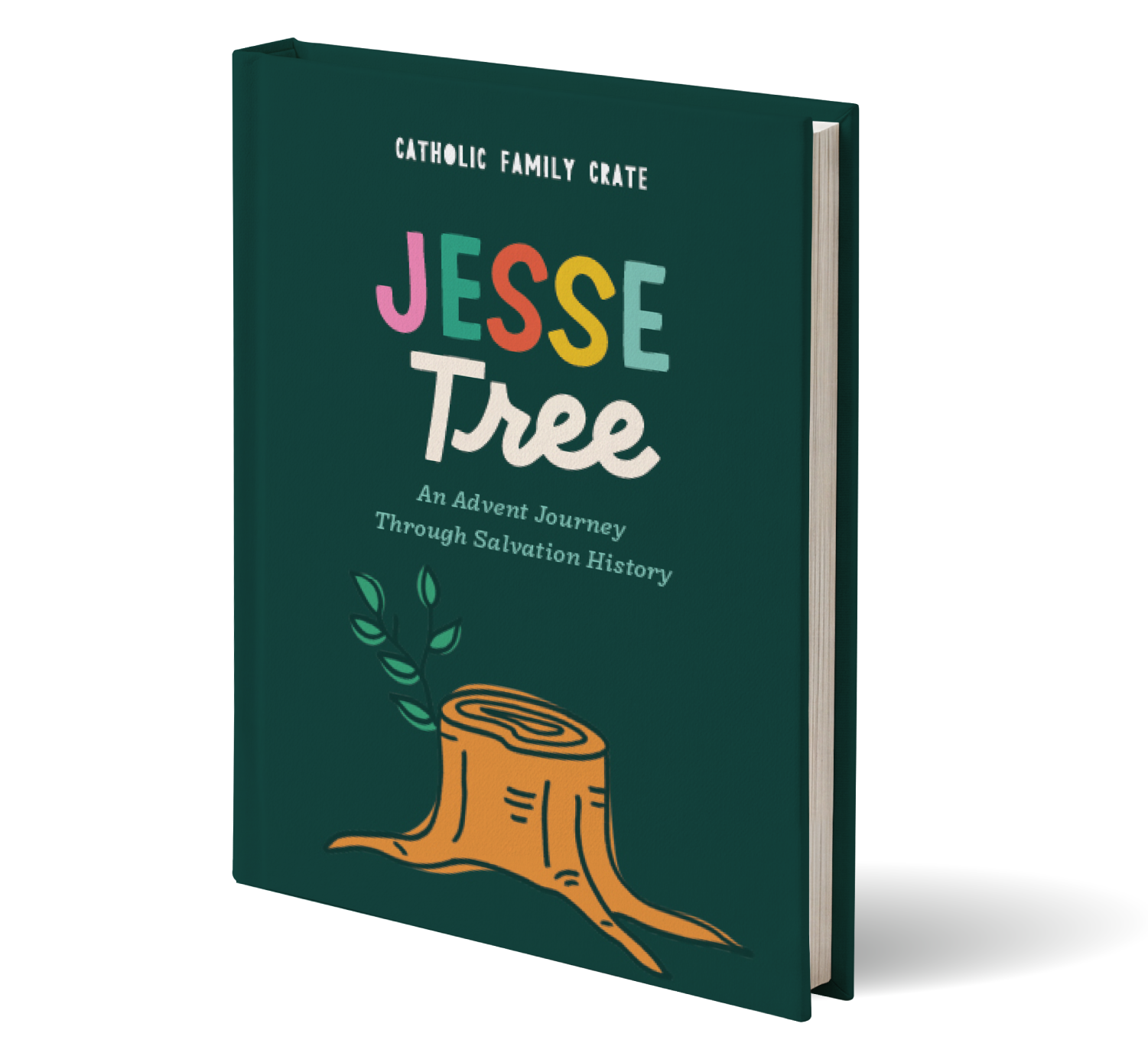 Jesse Tree: An Advent Journey Through Salvation History hardcover children's book by Catholic Family Crate, with a green cover and a tree stump