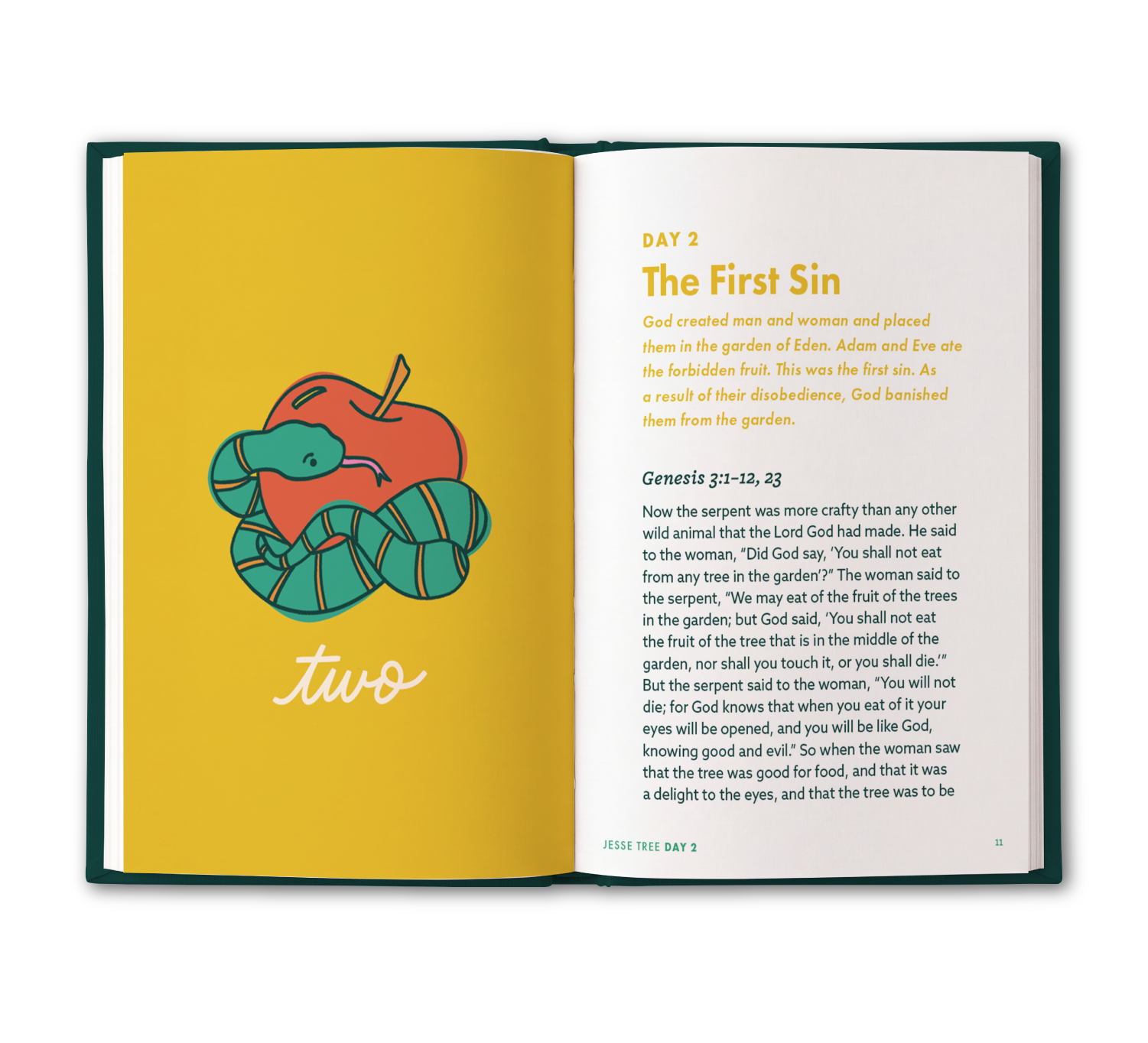 Open Jesse Tree Book showing Day 2, The First Sin, with an apple and serpent illustration and Genesis 3 Scripture reading