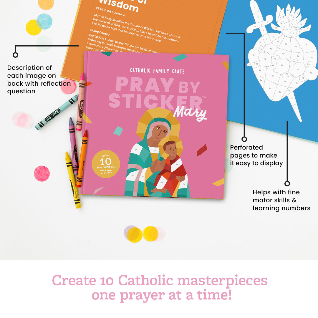 Catholic Family Crate 'Pray by Sticker Mary' book displayed on a white background with surrounding promotional text callouts and colorful crayons. The book cover is bright pink with an illustrated depiction of Mary holding baby Jesus.