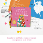 Catholic Family Crate 'Pray by Sticker Mary' book displayed on a white background with surrounding promotional text callouts and colorful crayons. The book cover is bright pink with an illustrated depiction of Mary holding baby Jesus.