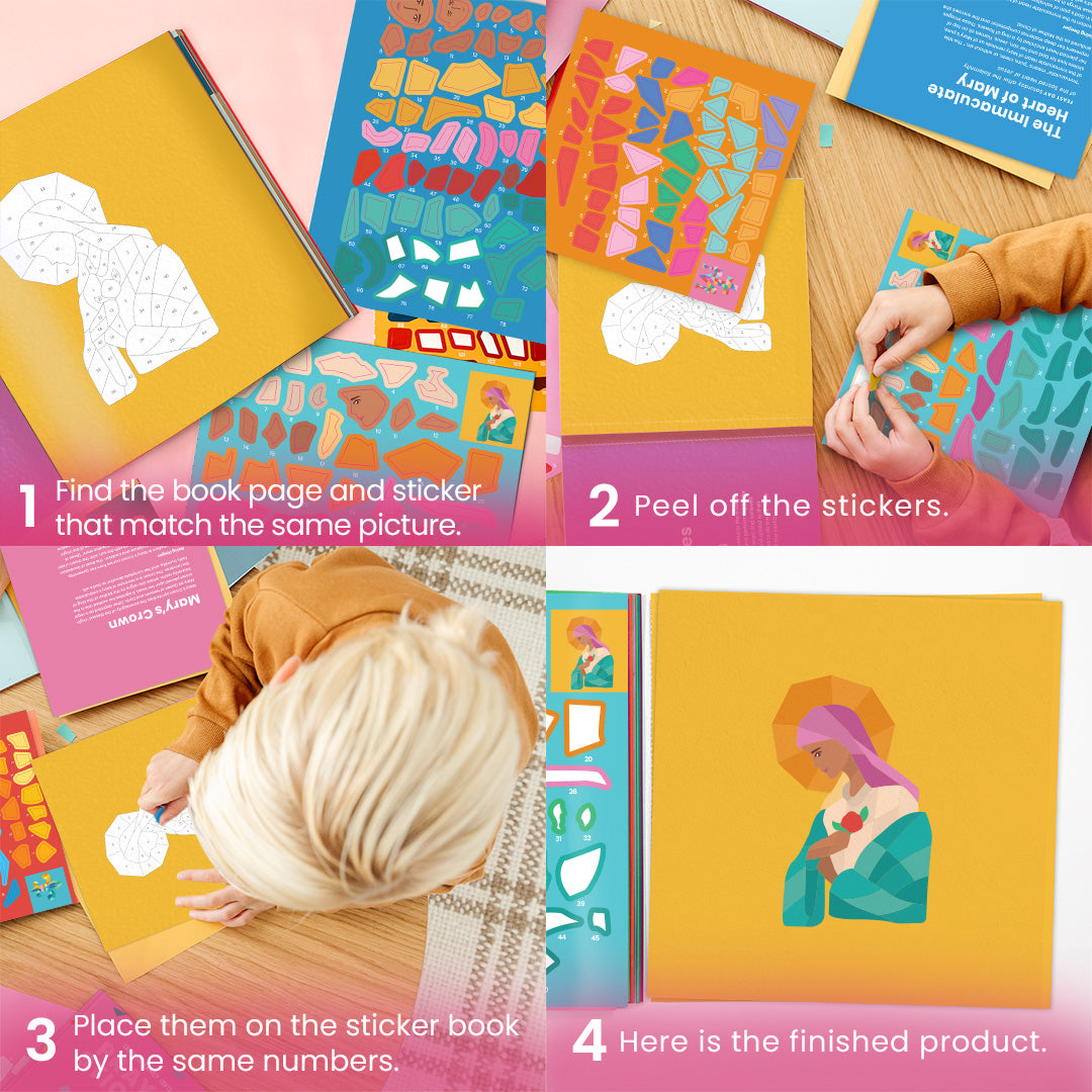 A children's sticker activity book shown in a styled flat lay with a child's hands and head visible, demonstrating how to peel and place stickers on matching pages. The scene includes numbered instructions overlaid on the image and a colorful book cover with geometric sticker sheets and illustrated pages.