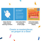Three product panels on a white background with colorful confetti accents. The left panel is blue with a white heart-and-sword illustration and text about fine motor skills and learning numbers.