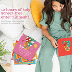 A young girl in a green outfit sits on a white bed holding perpetual help sticker book page of the mary sticker book. The scene includes large pink promotional text reading '10 hours of holy screen-free entertainment!' and shows the product being used in a real bedroom setting.