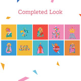 A flat-lay style graphic with the text 'Completed Look' at the top and a grid of colorful illustrated religious icons below, including Mary, a fleur-de-lis, a cross, and a heart with a sword. The background is white with scattered pastel geometric confetti.
