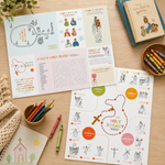 Both sides of the Rosary Jumbo Activity Sheet on a table with crayons and colored pencils