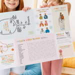 Two girls holding up the 24 x 18 inch Rosary Jumbo Activity Sheet