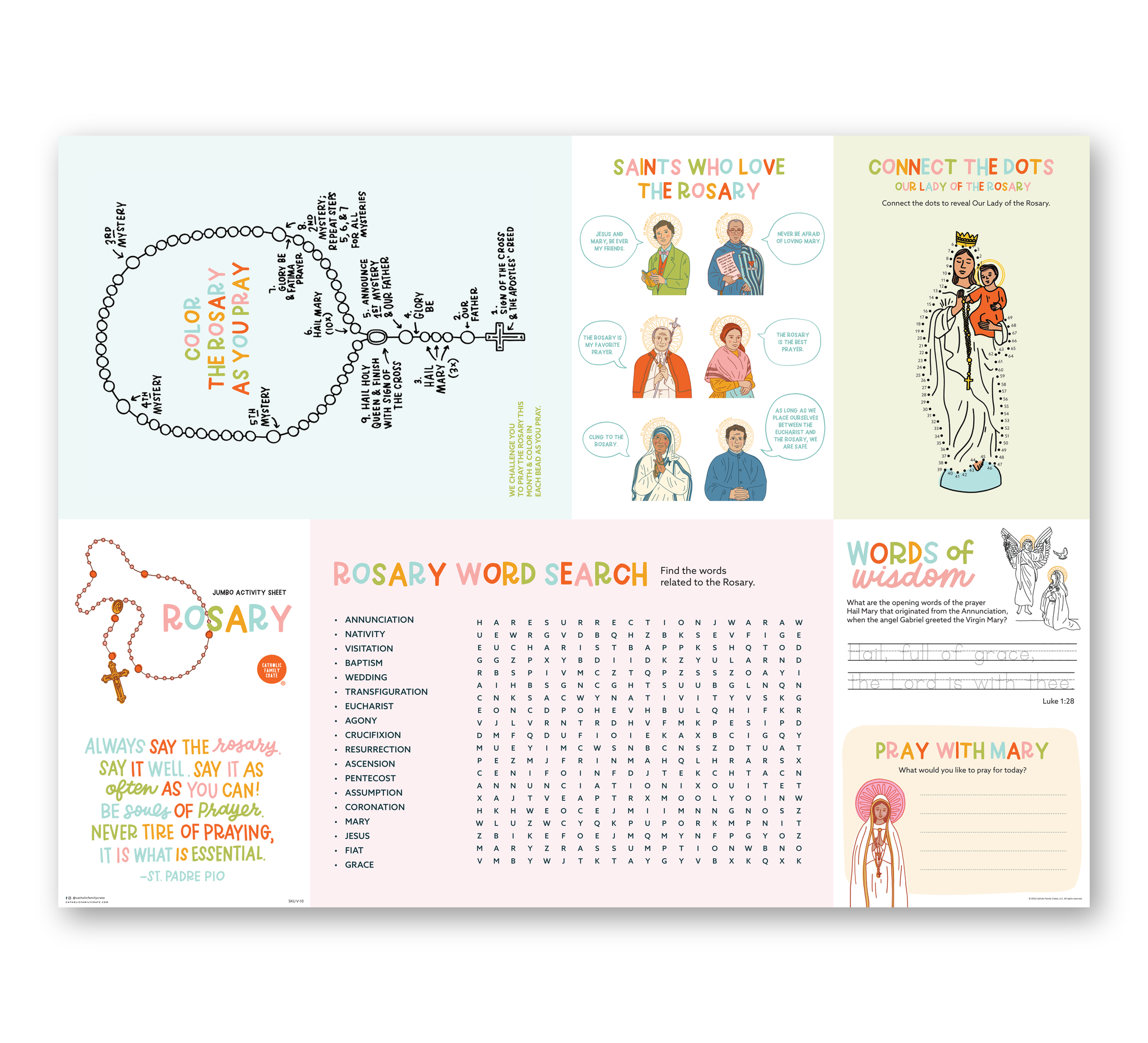 Back of the Rosary Jumbo Activity Sheet with how to pray the Rosary, a rosary word search, saints who loved the Rosary, and connect the dots