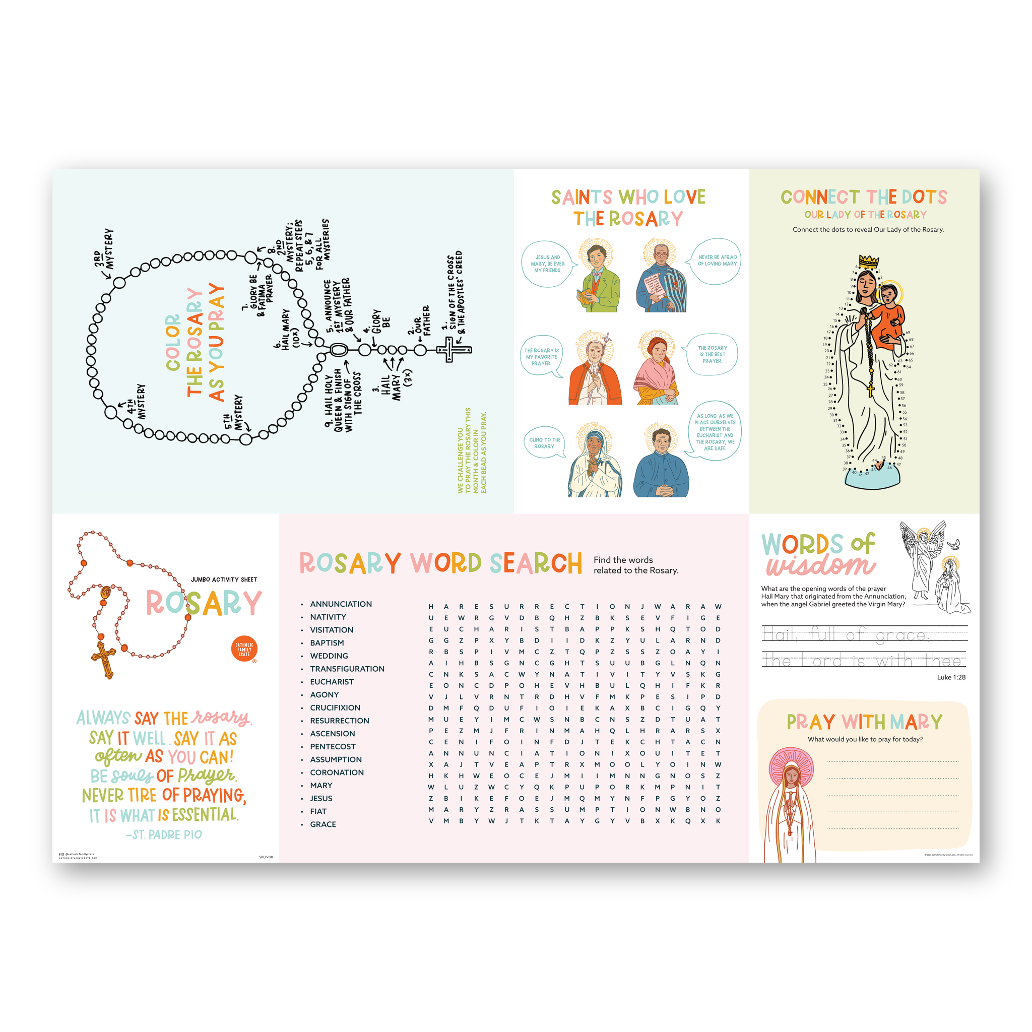 Back of the Rosary Jumbo Activity Sheet with how to pray the Rosary, a rosary word search, saints who loved the Rosary, and connect the dots