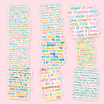 All nine Catholic prayer window clings in the bundle shown together on a pink background