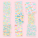 All nine Catholic prayer window clings in the bundle shown together on a pink background