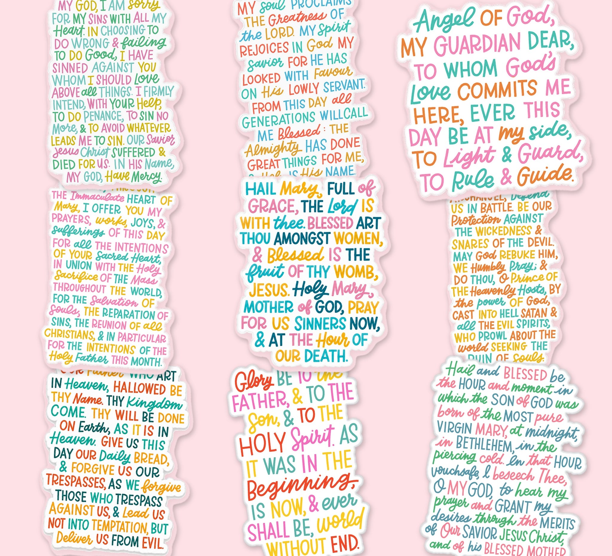 All nine Catholic prayer window clings in the bundle shown together on a pink background