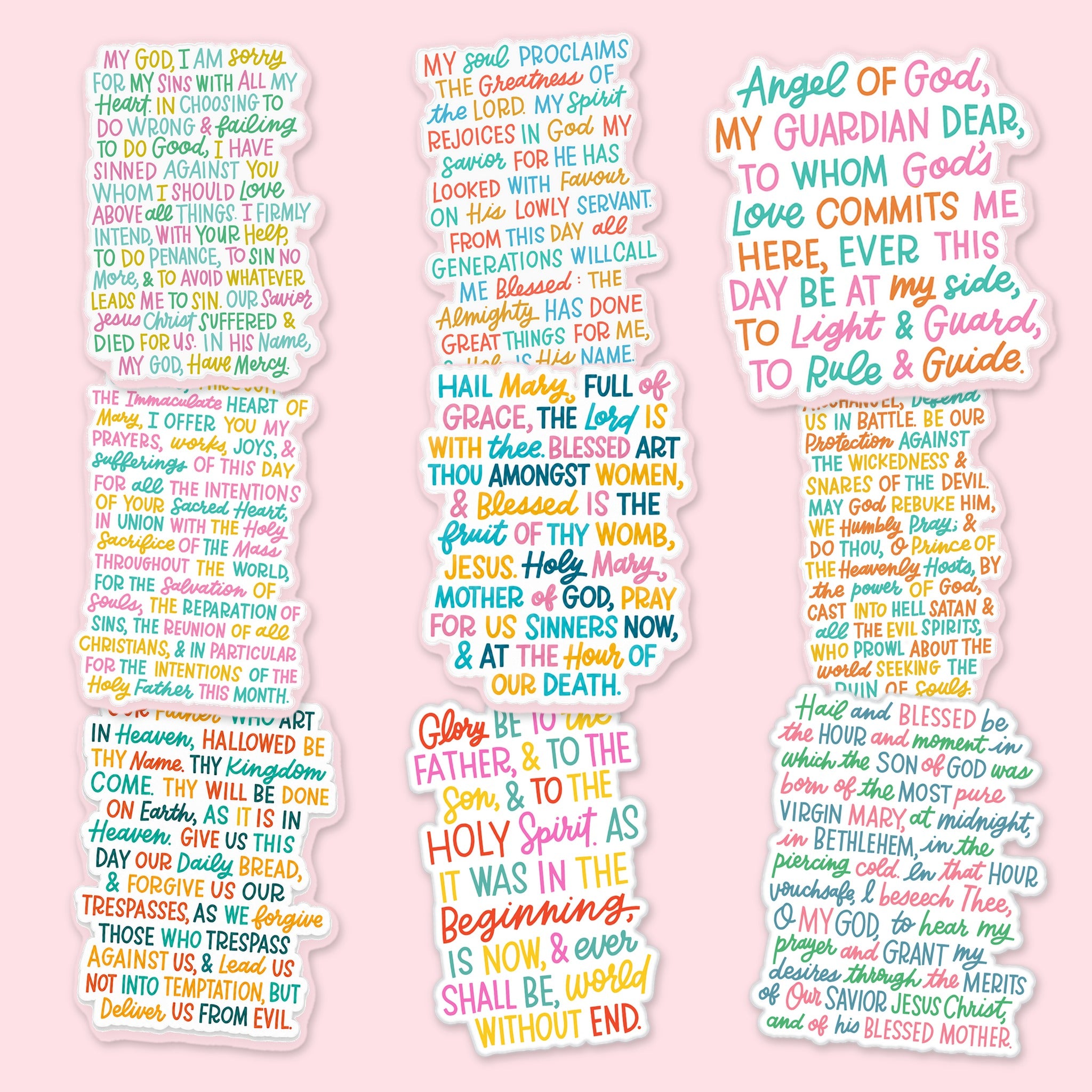 All nine Catholic prayer window clings in the bundle shown together on a pink background