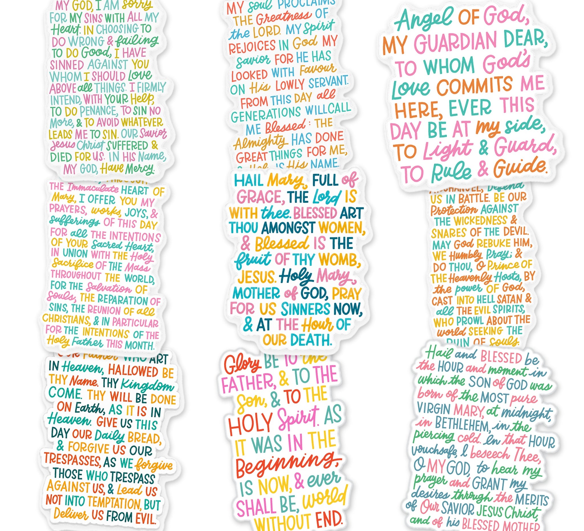 All nine Catholic prayer window clings in the bundle shown together on a white background